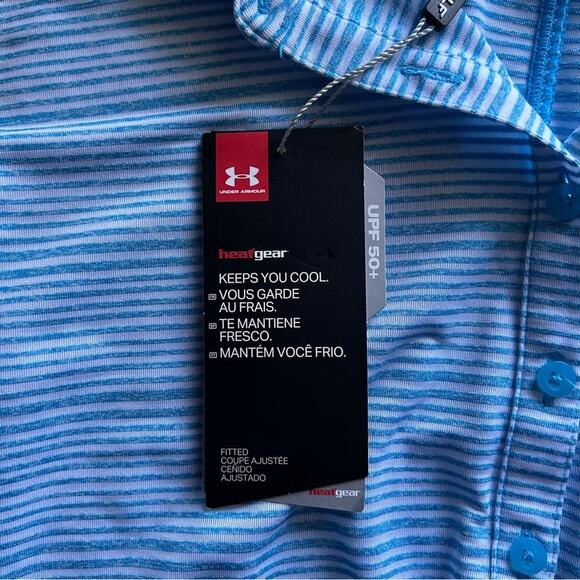 Under Armour Blue/White Striped Heat Gear Fitted Sleeveless Golf Polo Size Large - Picture 10 of 13